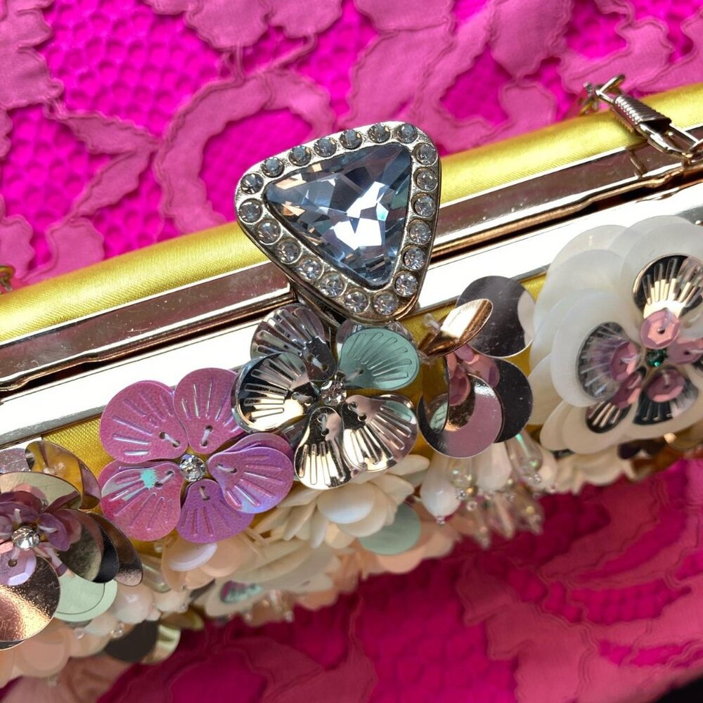 BEBE Daisy Satin Yellow Sequin Beaded Clutch